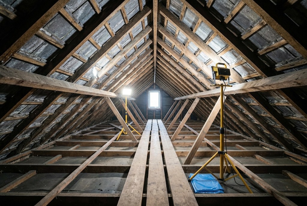 A cleared roof space with the timbers back in view.